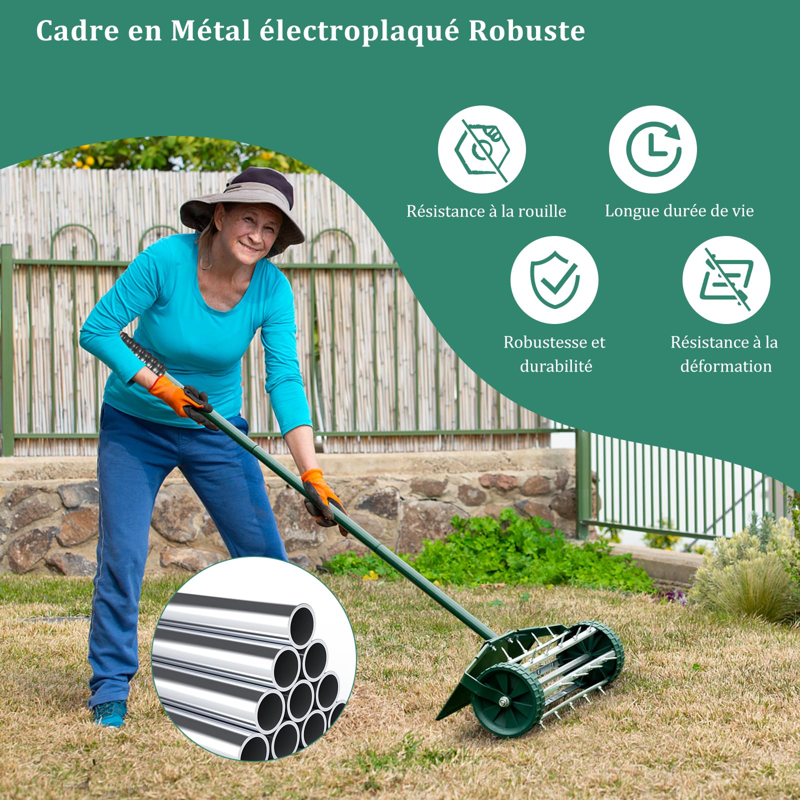 COSTWAY Aérateur à Gazon Roulant de 46 cm, Scarificateur Manuel à Pointes Rotatives avec Large Écran de Protection Longue Poignée pour Pelouse Gazon Jardin 46 x 15 x 127 cm, Vert