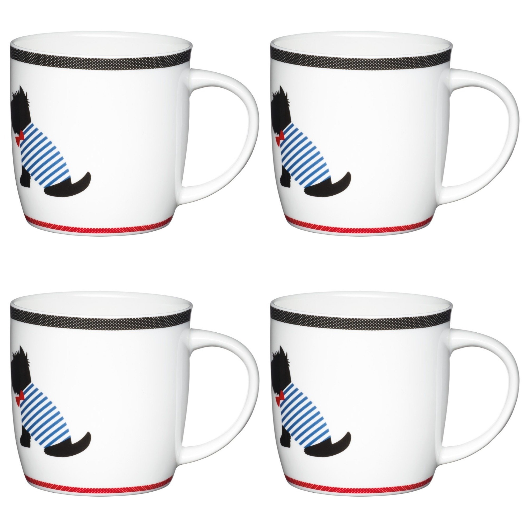 Kitchencraft White Fine Bone China 'Solo Westie' Barrel-Shaped Printed Dog Mugs, 425 Ml - (Set Of 4)