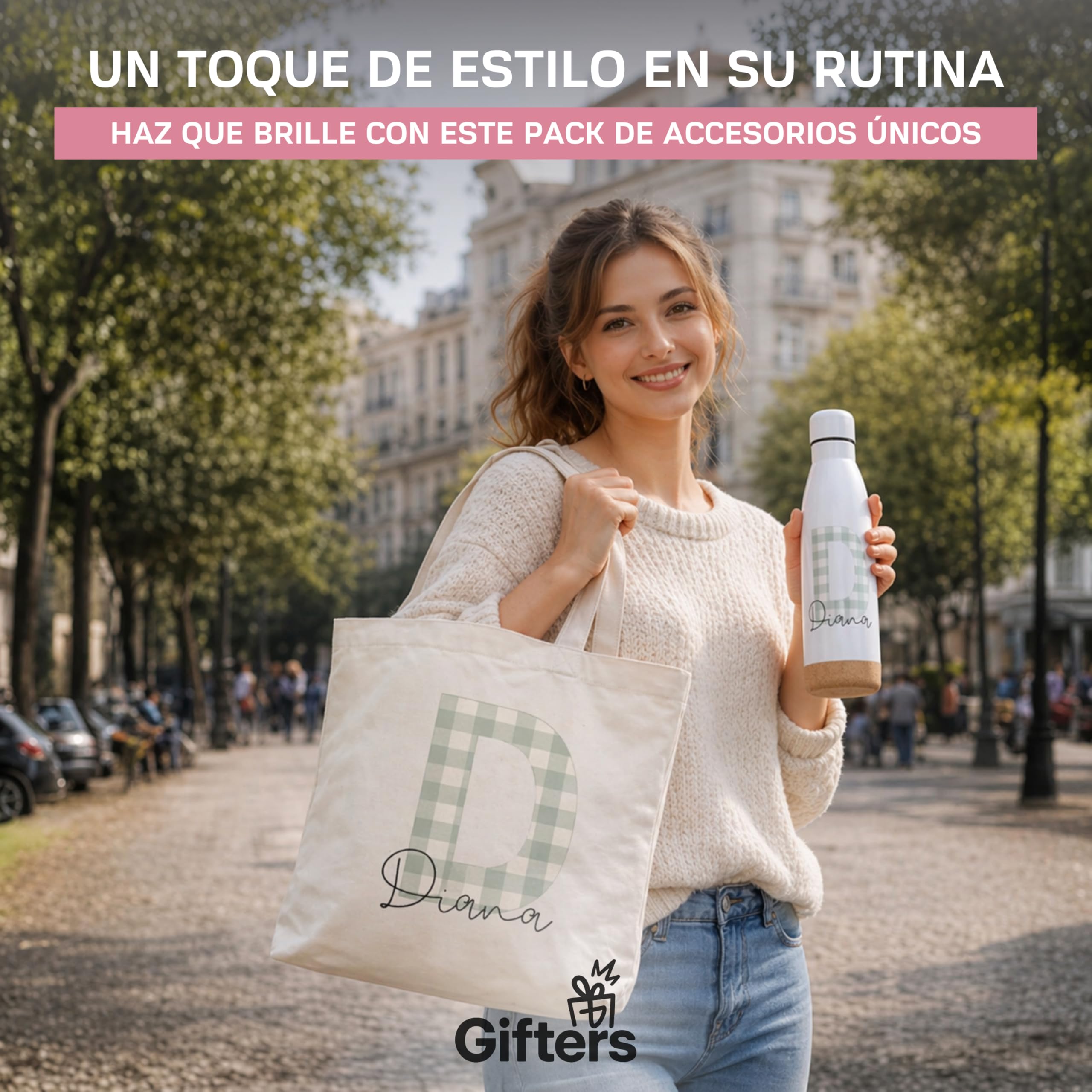 Gifters | Pack Bolsa y Botella Personalizadas con Inicial y Nombre | Estampado Cuadros Vichy | Tote Bag + Botella Acero Inoxidable 750 ml | Regalo Original Mujer, Amiga, Madre, Navidad, Cumpleaños