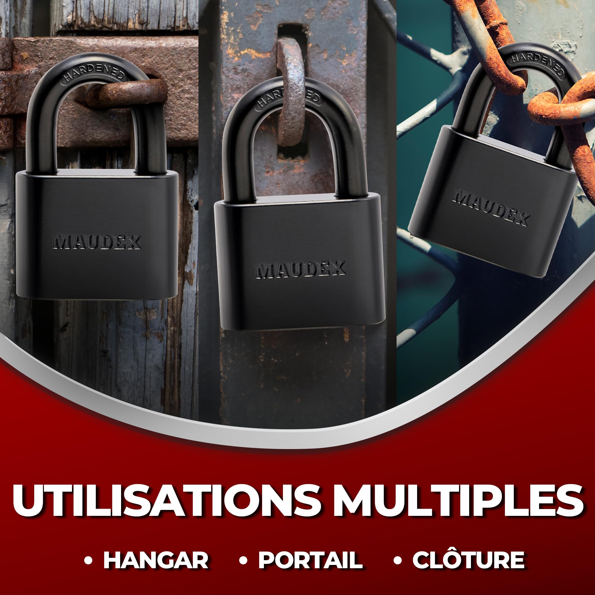 Maudex® PBK50 Cadenas Extérieur avec 5 Clés - Anse 10 mm Anse Résistante aux Coupures, Grand Corps Inox Étanche | Antivol de Qualité Résistant aux Intempéries pour Portail