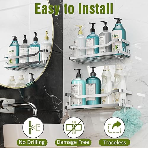 Miniatura 5 de OMAIRA Organizador de ducha plateado, paquete de 2 organizadores de ducha adhesivos, sin perforación, estantes de ducha de acero inoxidable para