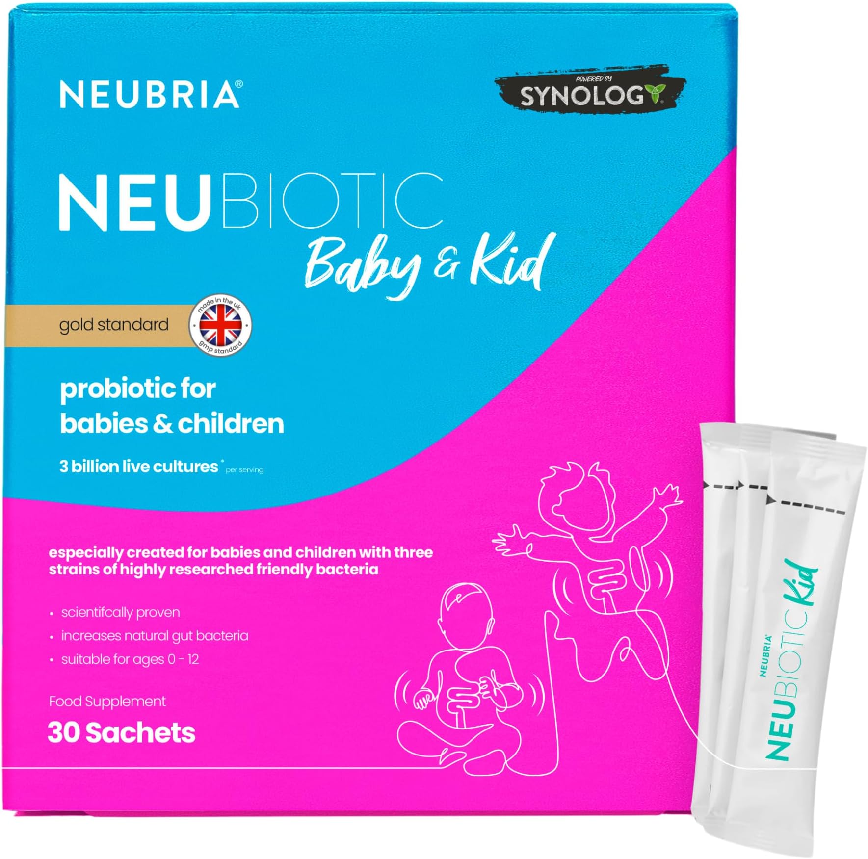 NEUBIOTIC Baby & Kid Probiotic + Prebiotic Sachets – Lactobacillus & Bifidobacterium with FOS Fibres, Supports Digestive Balance & Gut Microbiome - UK Made - 30 Sachets