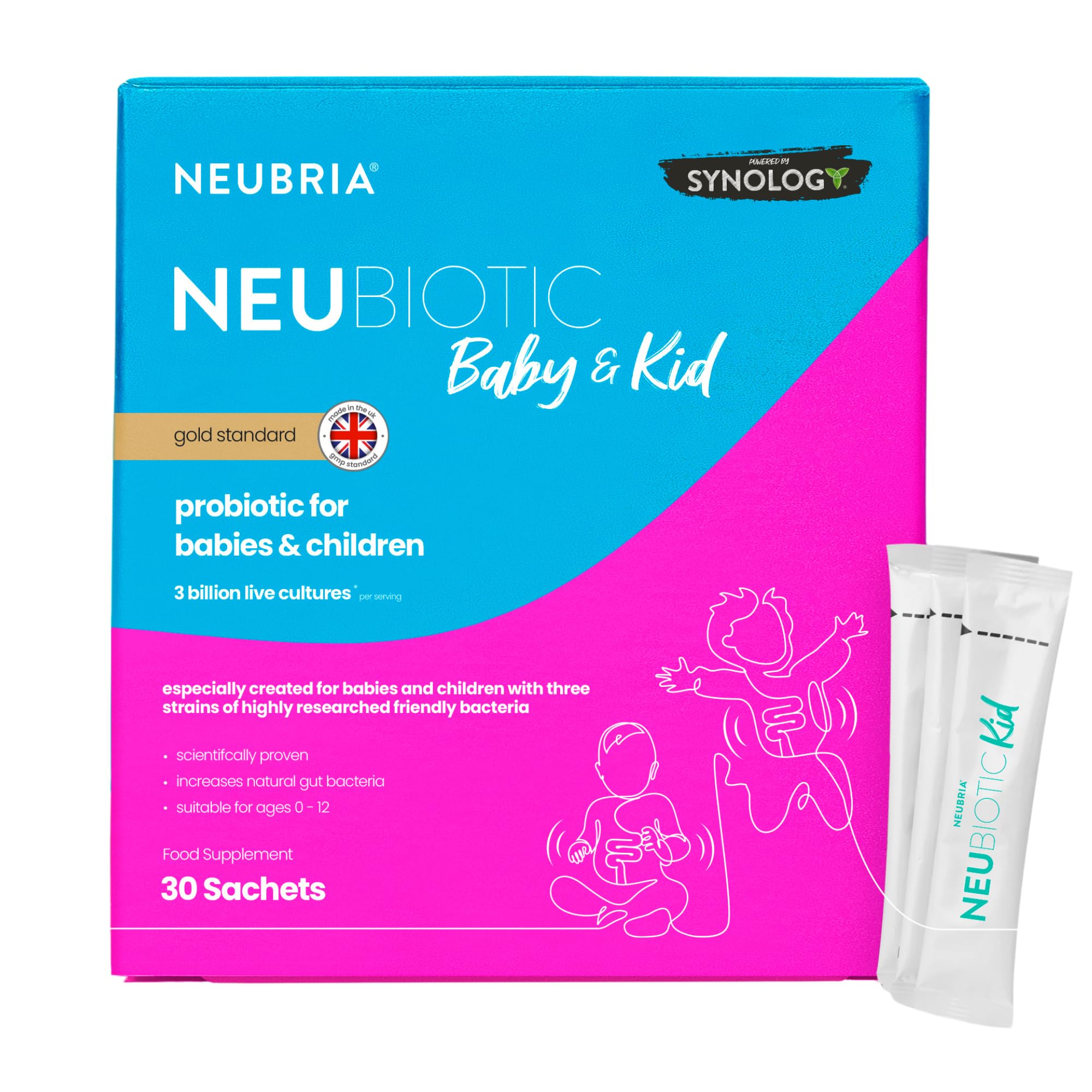 NEUBRIA NEUBIOTIC Baby & Kid - Children Probiotic & Prebiotic Supplement for Gut Health & Digestion – 3 Billion CFU Lactobacillus, Bifidobacterium & Fibres for Babies & Kids – UK Made - 30 Sachets