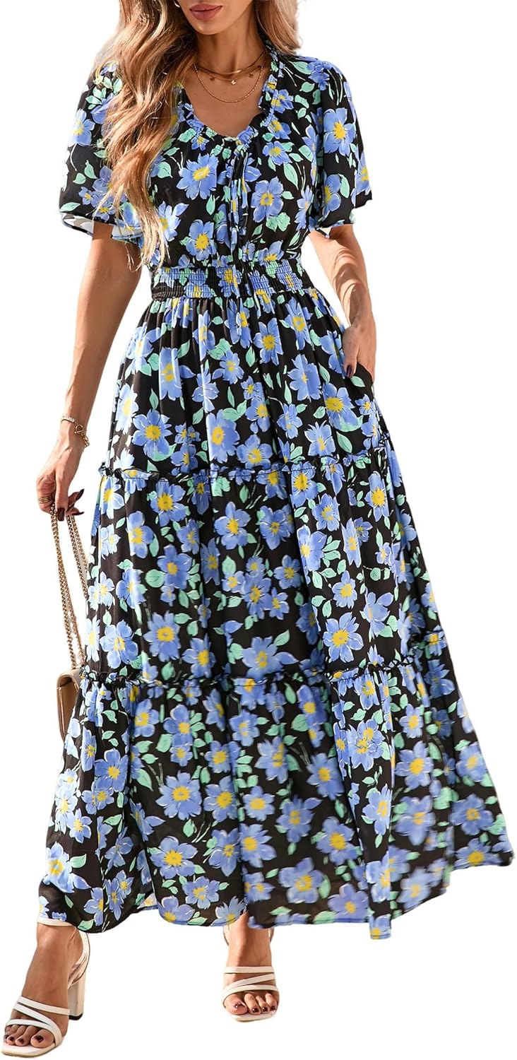 KIRUNDO Womens Summer Boho Floral Maxi Dress Flutter Short Sleeve V Neck Ruffle Tiered Flowy Beach Wedding Guest Dresses
