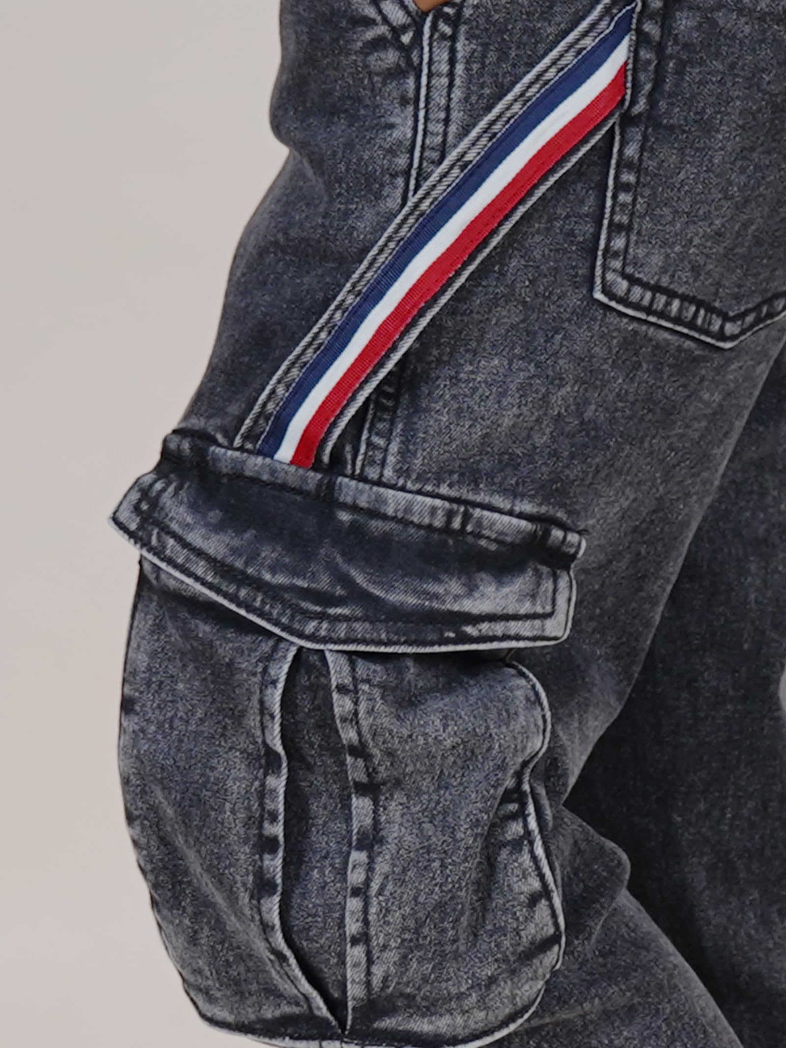 KiddoPanti Boys Full Length Cargo Pocket Denim Jean with Side Strap & Elasticated Drawstring, Black Acid Wash, 1-2Y - Image 6 thumbnail
