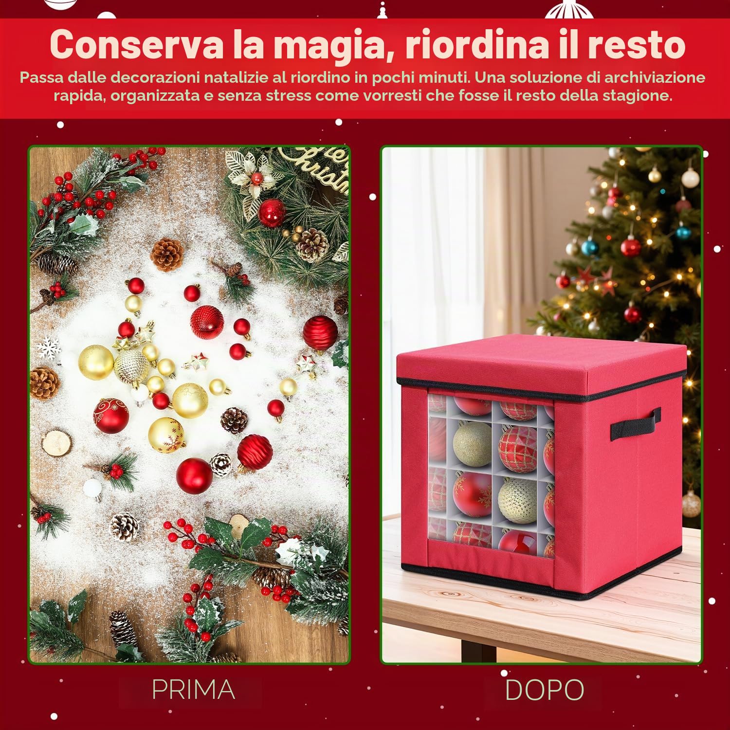 Porta Palline Natale, Ohuhu Contenitore Palline di Natale 64 Scomparti da 7,6 cm, con Tasca Posteriore E Divisori Regolabili, Tessuto Oxford 600D