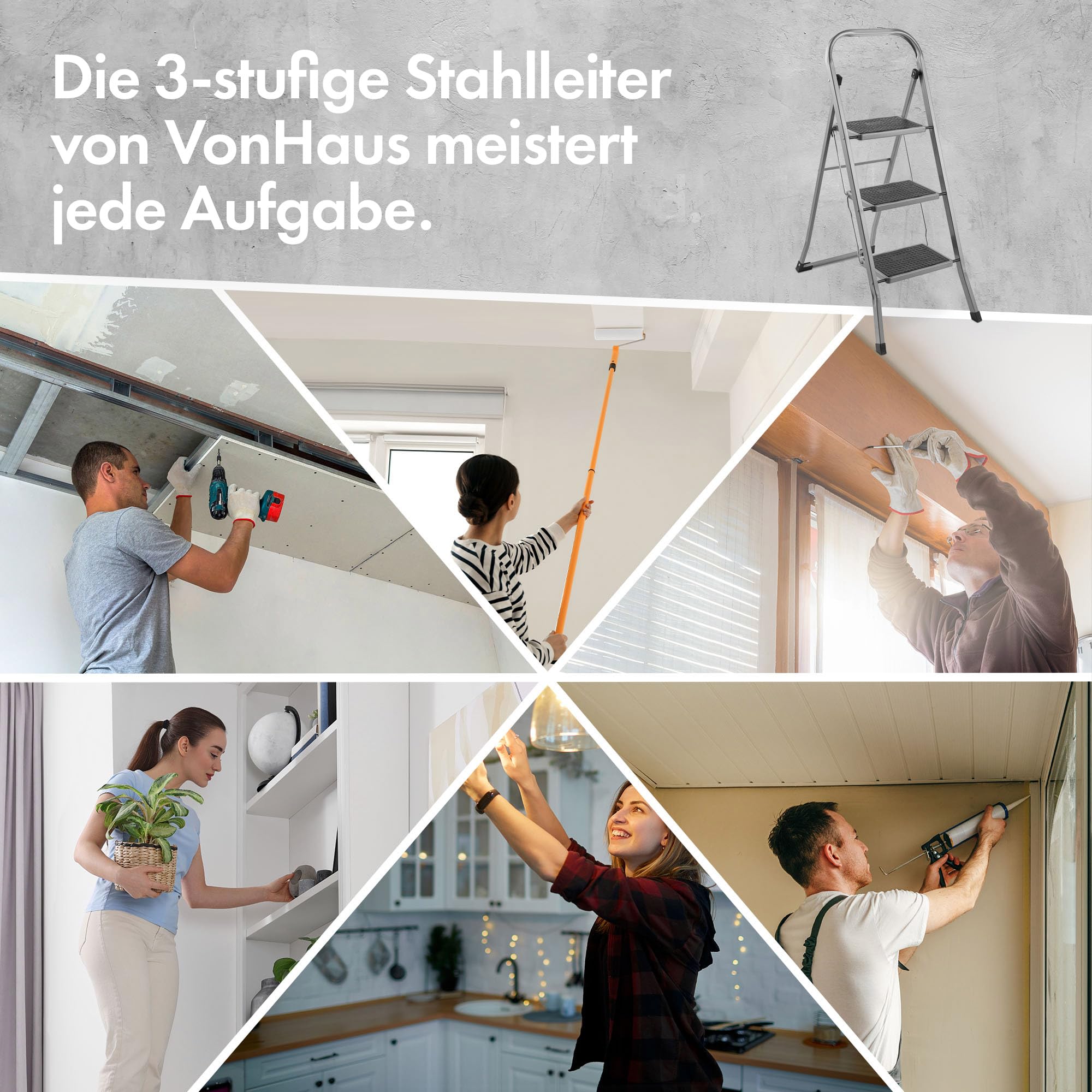 VonHaus Trittleiter 3 Stufen Klappbar - Treppenleiter mit Anti-Rutsch-Füßen, Einfache Aufbewahrung, Belastbar bis 150kg - Hochwertige, Robuste Stahl Stahlleiter für Heimwerker- und Gartenprojekte