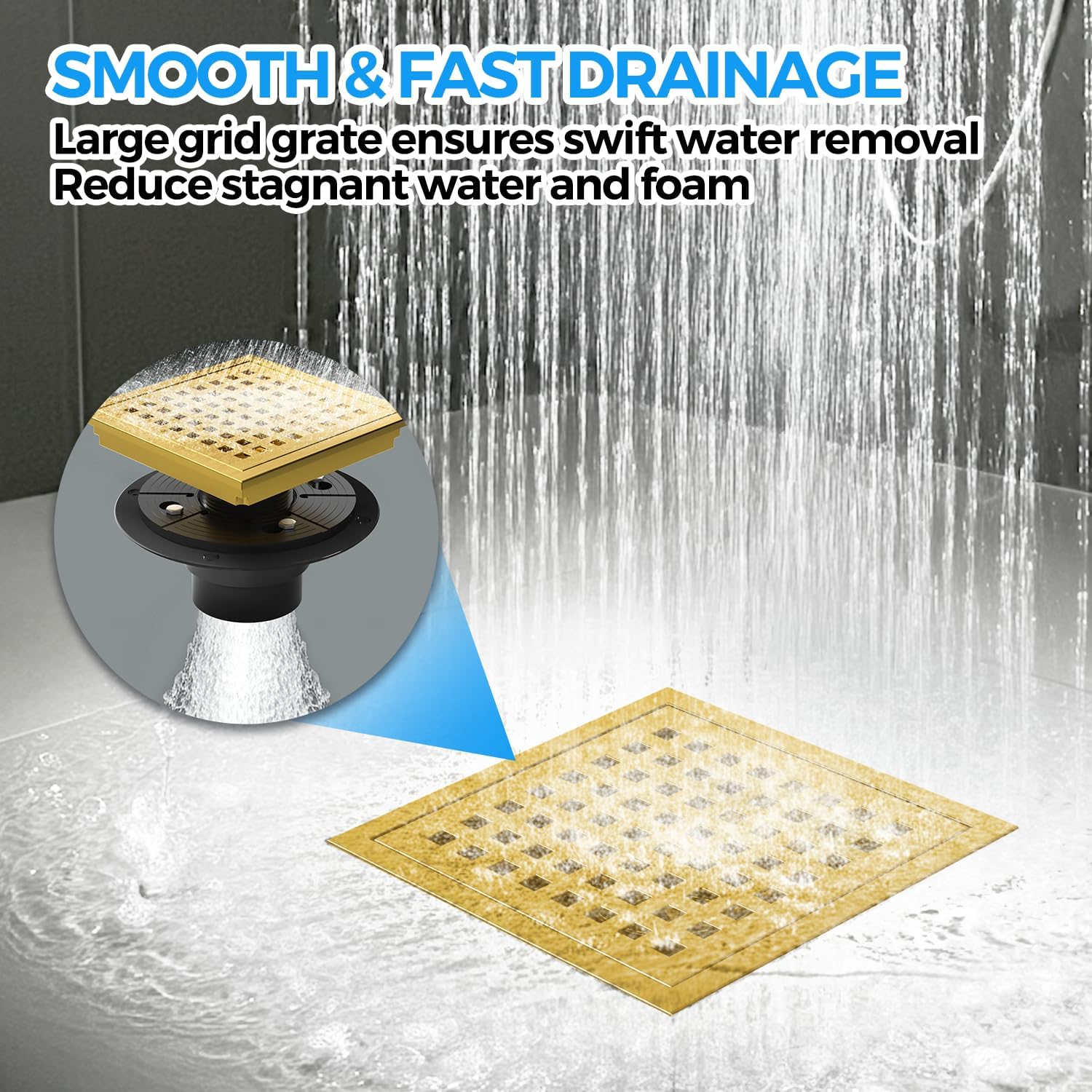 zaa 6 Inch Square Shower Drain, Bathroom Floor Drain, 304 Stainless Steel Shower Floor Drain Kit with Flange, Removable Shower Drain Grate with Hair Strainer, Gold
