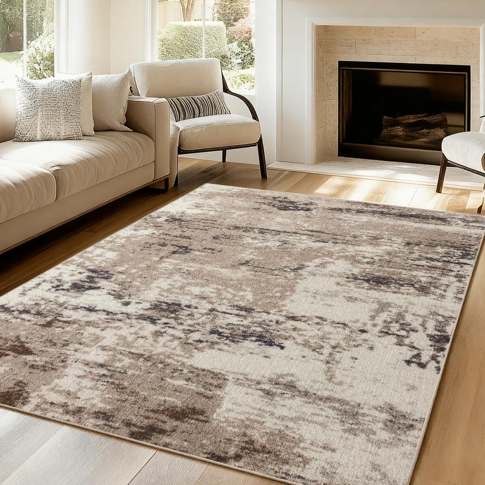 VK·LIVING Rugs for Living Room Upgraded 14.5mm Thick Sponge Soft Modern Abstract Rug Non Slip Carpet Medium Pile for Living Room Bedroom Office Brown 80X150CM — image 1