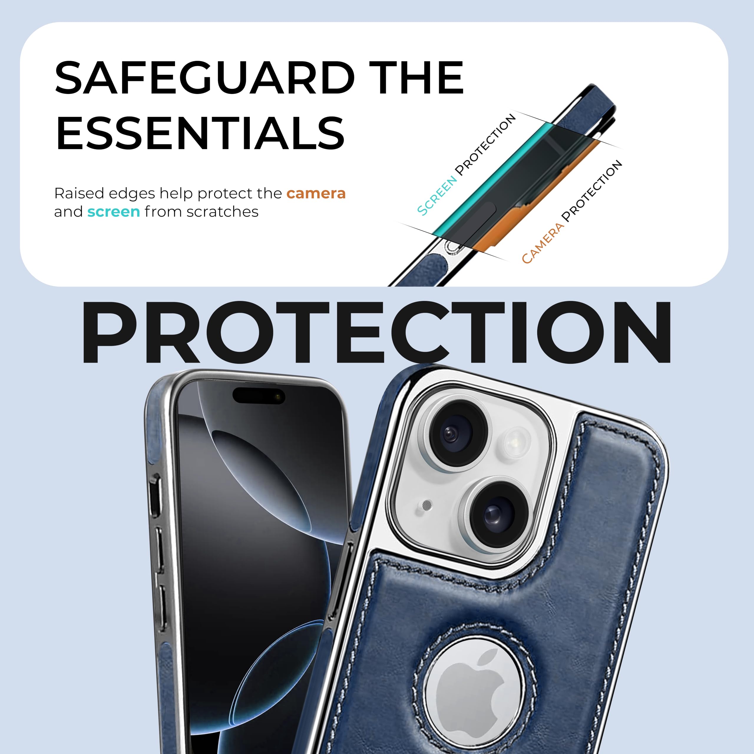 PULOKA Chrome Leather Back Case - Compatible with iPhone 15 - Luxury Bumper Case - Flexible Vegan Leather - Electroplated Sides & Logocut - Full Camera Protetection & Raised Edges - (Blue) 1