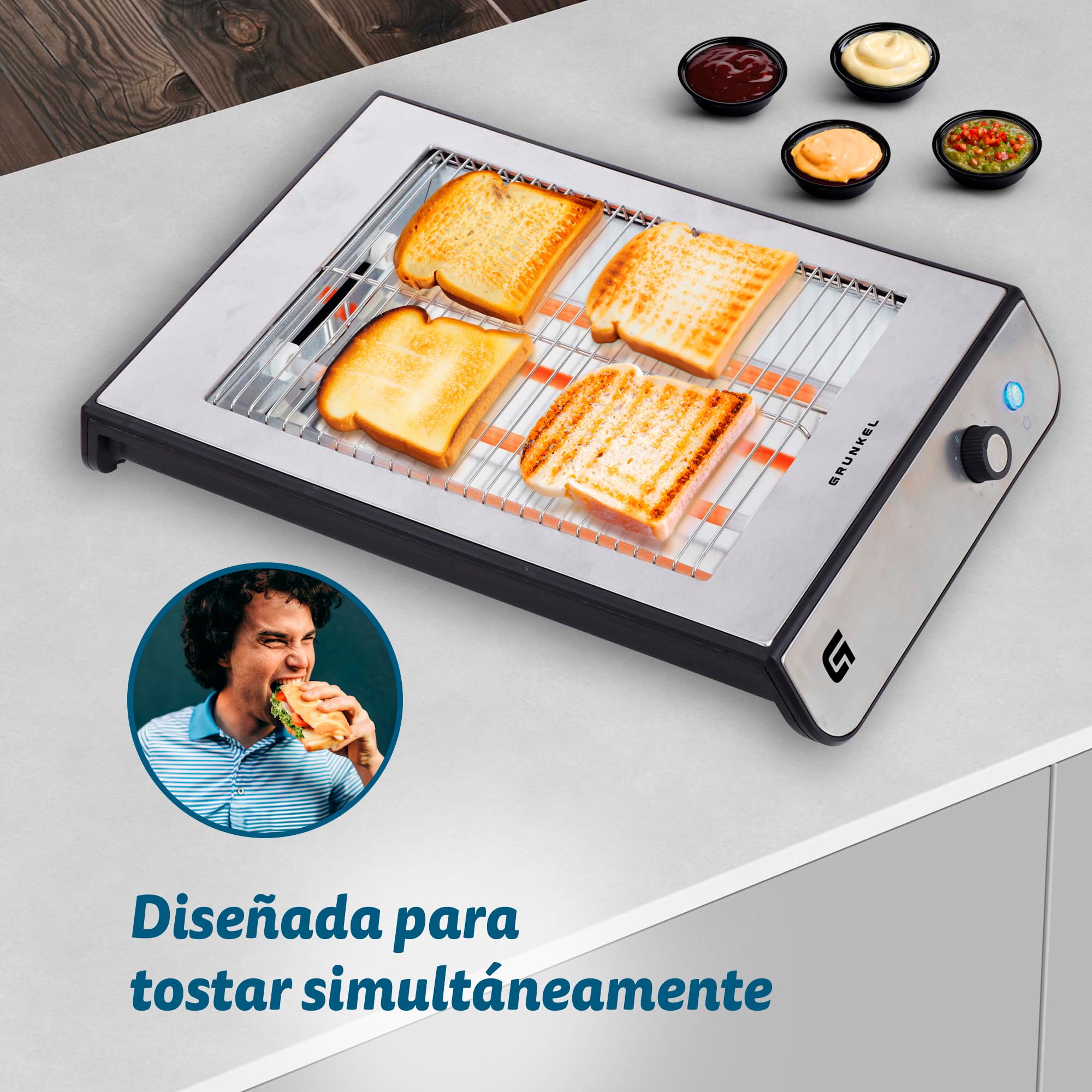 Grunkel - Tostapane per pane piatto per 4 fette da 600w TSP-INOX con 6 livelli di timer e segnale acustico di completamento. Include vassoio raccogli briciole rimovibile (Inox)