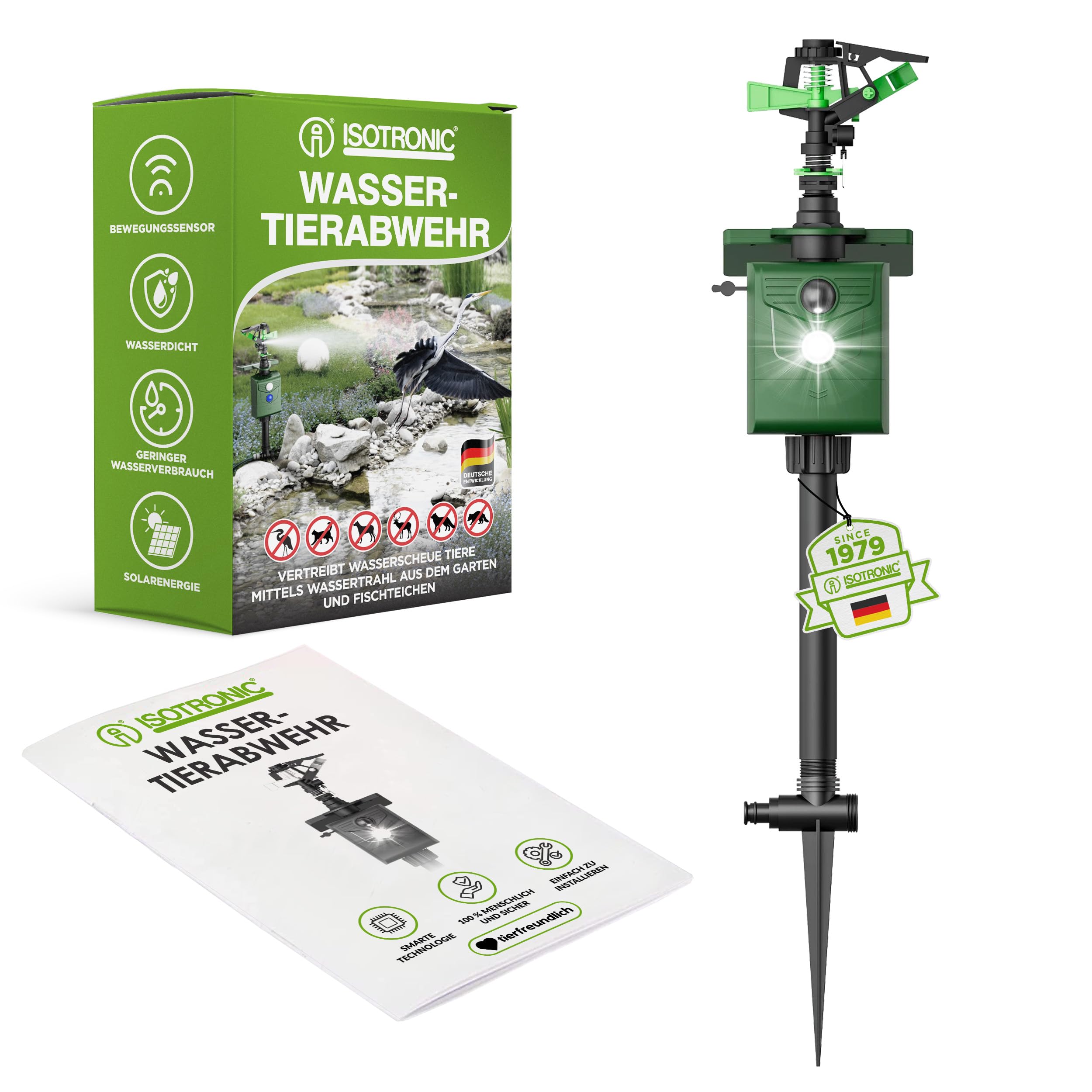 ISOTRONIC® Wasserstrahl Plus Licht Tiervertreiber Solar | Solarbetriebene Hunde-Katzen-Abwehr | Vogel-Reiher-Schreck für Garten | Bewegungsmelder I Reichweite einstellbar I Wildtierabwehr (1)