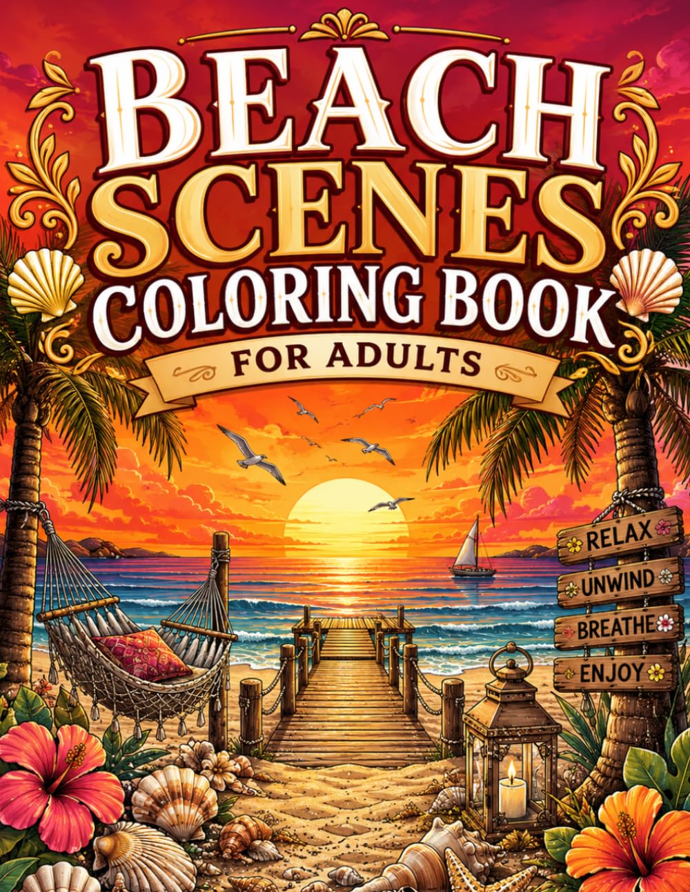 Beach Scenes Coloring Book For Adults: A Relaxing Adult Coloring Book Featuring 43 Stunning Beach Scenes | Stress Relief & Mindfulness | Large 8.5 x 11 in Pages