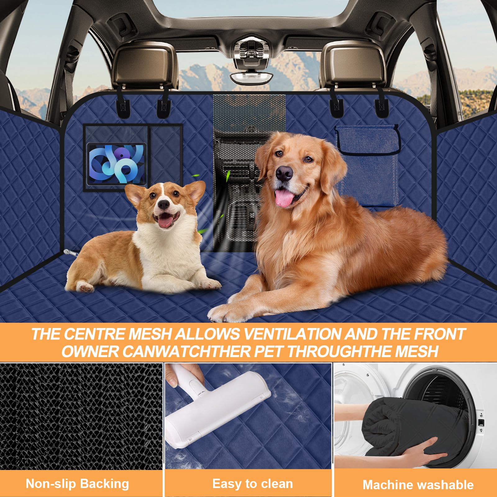 Vinstatin Coperta per cani per auto, con robusta tavola in legno duro, impermeabile, prevenzione delle cadute, sedile posteriore per cani, con cinture di sicurezza per tutte le auto, SUV