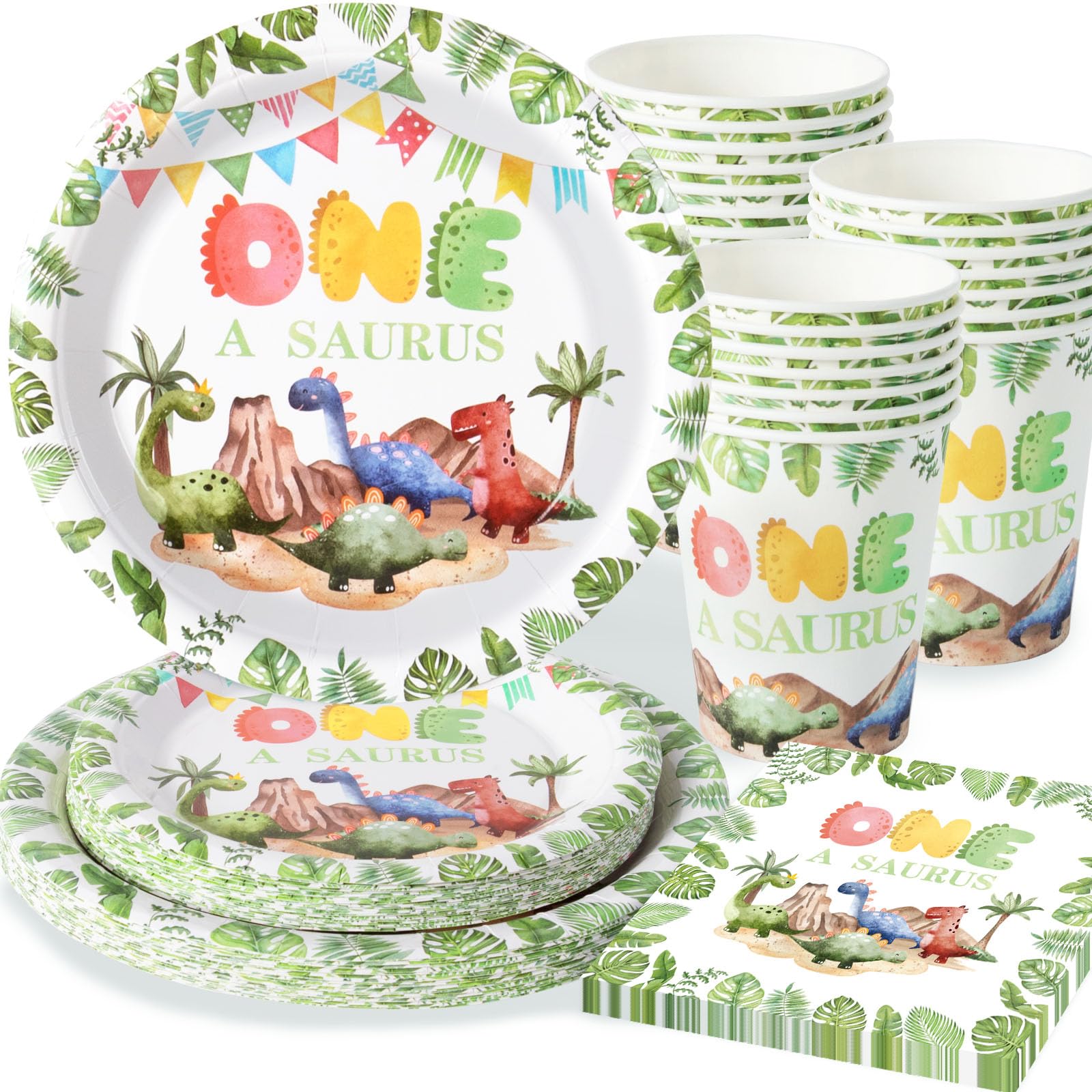 OTTPOOM 100 PCS Dinosaur First Birthday Decorations One A Saurus Birthday Plates Napkins and Cups Tableware Set for Dinosaur First Party Supplies