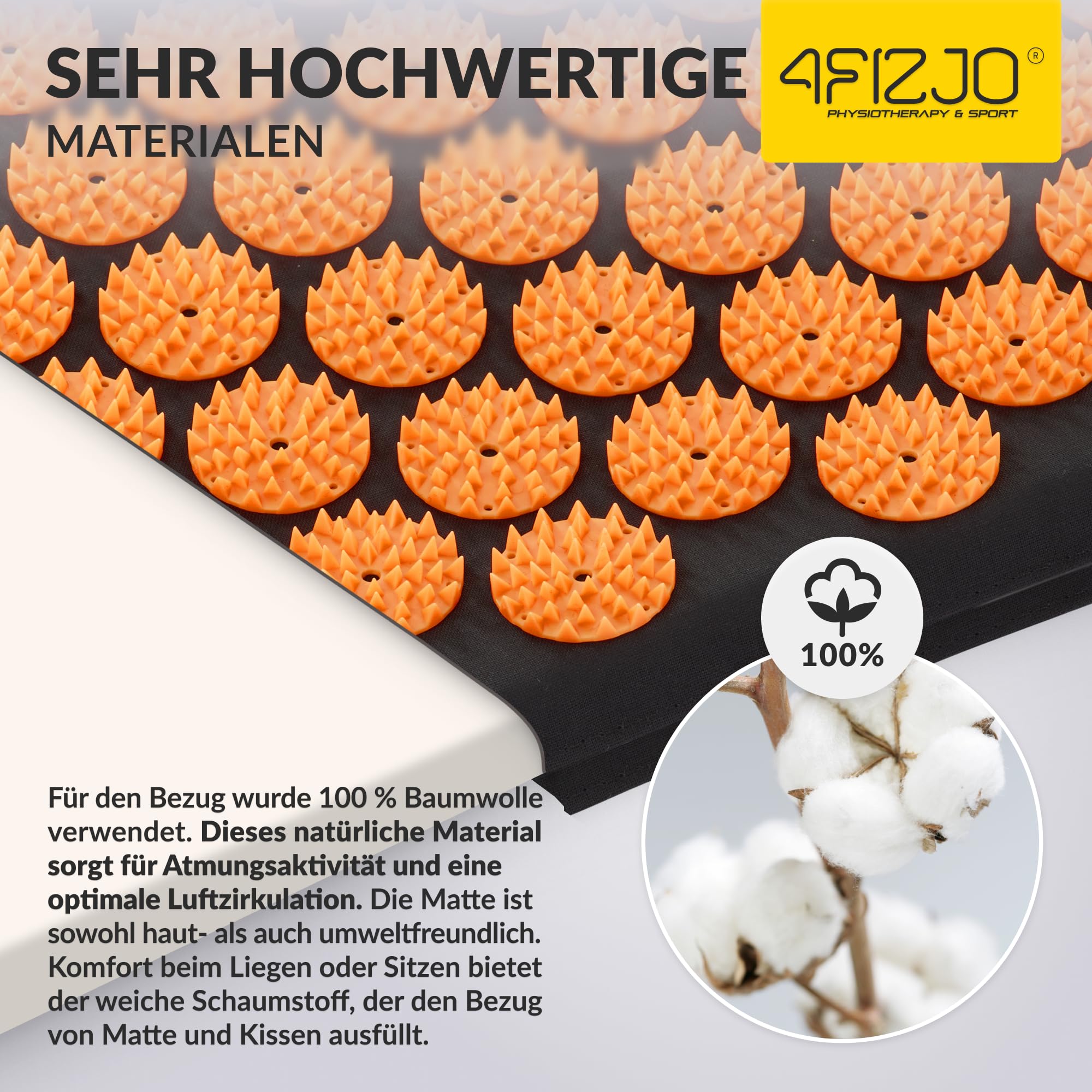 4FIZJO Akupressurmatte & Kissen, 68x42x2 cm, mit Tragetasche, Polyurethanschaum, Hypoallergen, 9618 Stacheln, Massagematte für bessere Durchblutung, Muskeln Entspannung, Farbe: Schwarz und Orange