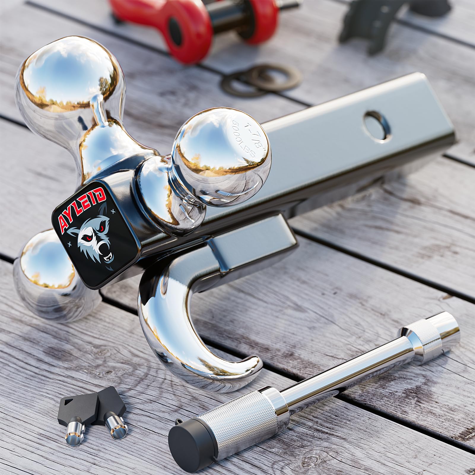 Ayleid Anhängerkupplungshalter Tri-Ball mit Haken und Kugelstiften in 4,5 cm, 5,1 cm und 6,3 cm, Kugelkopf für Anhängerkupplung, Anhängerkupplung, Silberne Kugel mit Kupplungsstift