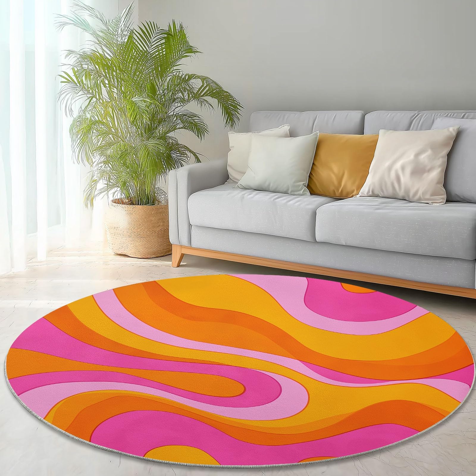 Generisch Runder Teppich 120 cm Vintage-Modekurven, rutschfest Teppiche Wohnzimmer, Waschbar Kurzflor, Weich Rosa Orange für Wohnzimmer Schlafzimmer Studie