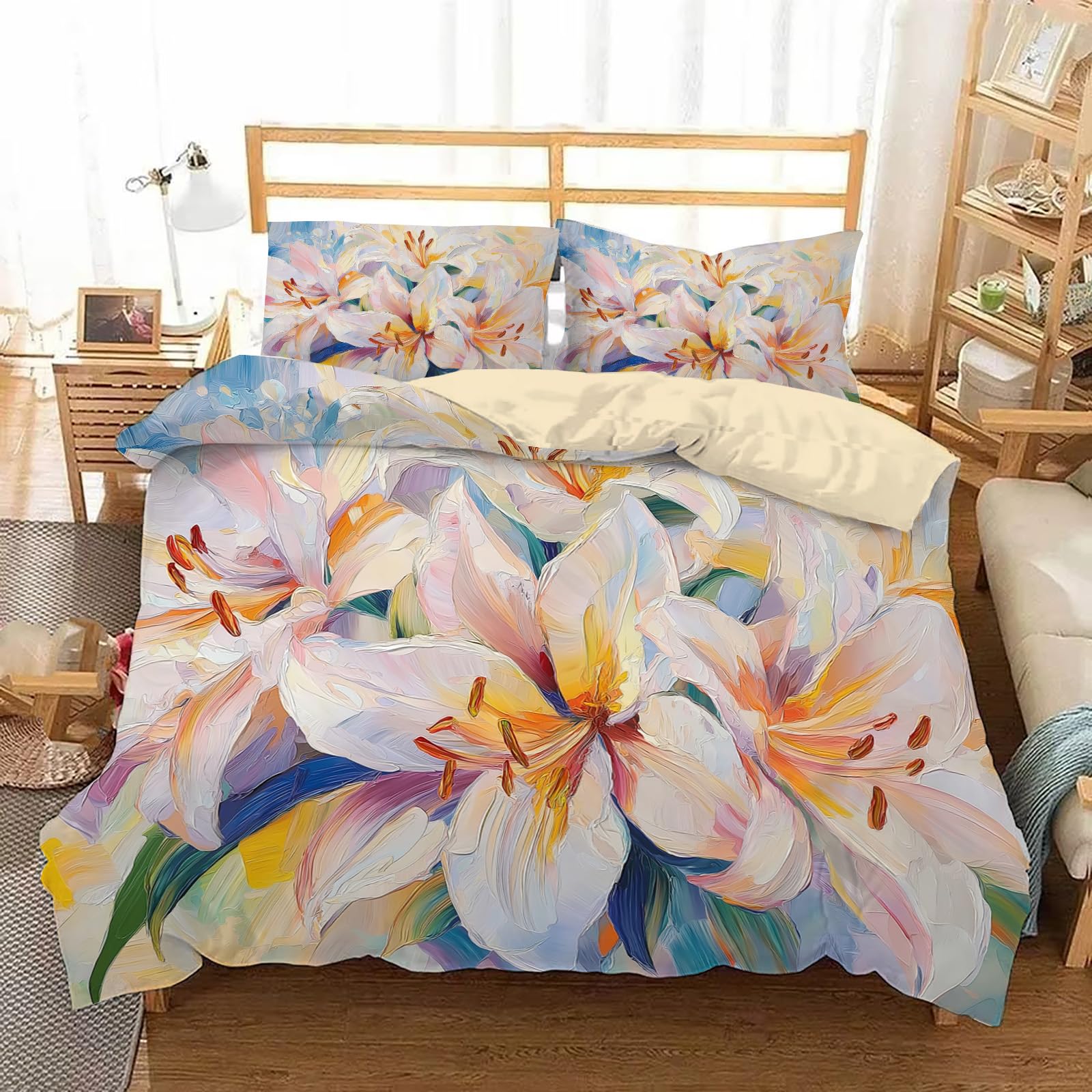 Housse de couette réversible entretien facile motif lys crème peint à l'huile 140x200