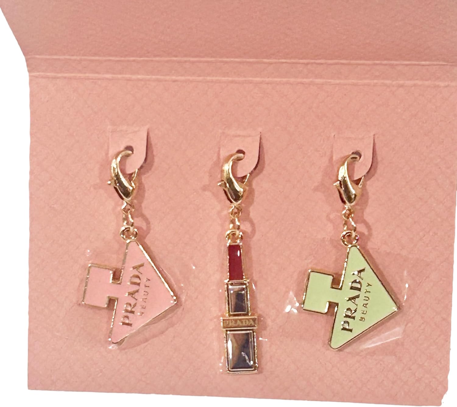 Prada Beauty Triangle Lipstick Metal Logo Gift Small Charm - 3 Charms included. Perfect for keys chains bags necklaces (1168)