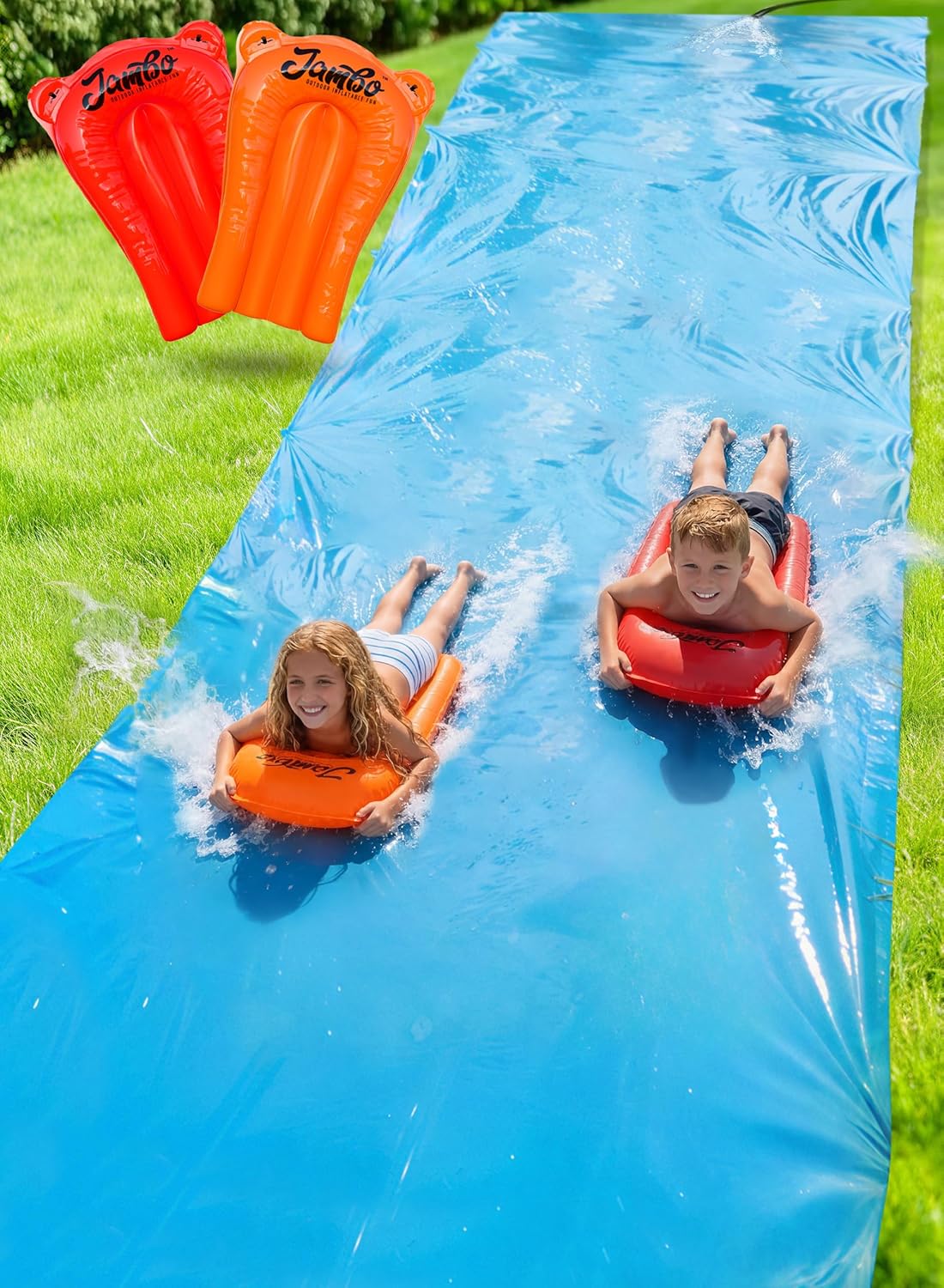 JAMBO 40FT x 7FT XXL MEGA Water Slide and 2 Bodyboard Updated Model– Extra Long Extra Wide Slip Splash and Slide for Kids, Heavy Duty Backyard Lawn Waterslide, Outdoor Water Toy, Splash Mat Splash Pad