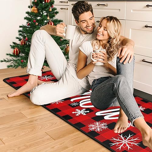 Miniatura 3 de Juego de 2 alfombras y tapetes de cocina de Navidad a cuadros de búfalo, Navidad, nieve, invierno, fiestas, tapetes de piso de bajo perfil,