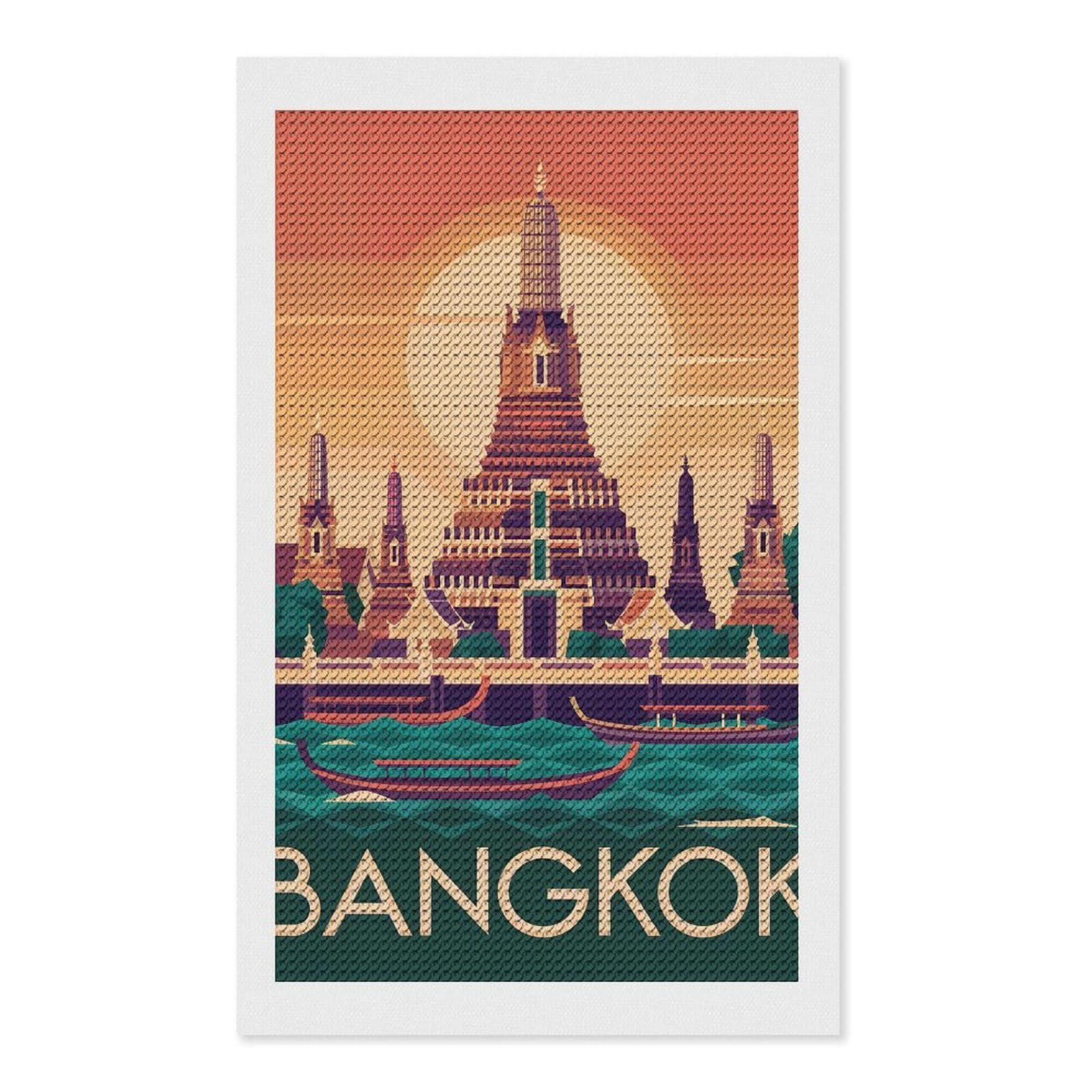 Junmoney Bangkok Travel Round Drill Diamond Painting 12"x20", Satisfying Creative Project, Complete Accessories, Printed Canvas