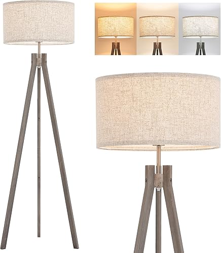 ELYONA Lámpara de pie de trípode de madera estilo granja, lámpara de pie moderna de lectura con 3 temperaturas de color LED y pantalla de lino