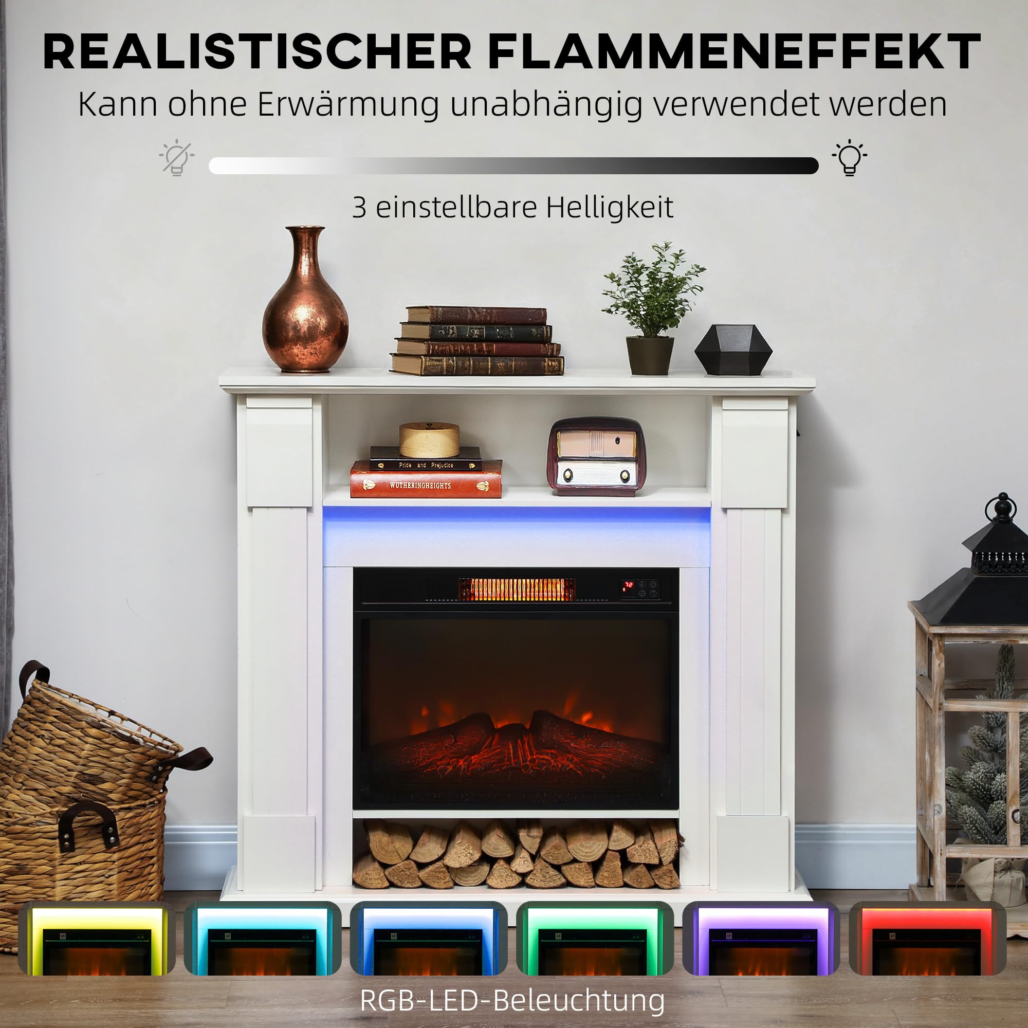 HOMCOM Kominek elektr. z grzaniem RGB LED efekt płom. 1800W Timer Biały
