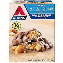 Atkins Caramel Chocolate Nut Roll Snack Bar, Protein Snack , 7g Protein, 2g Sugar, High Fiber Snack, 16 Count