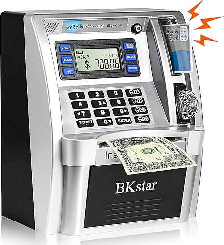 Alcancía parlante para niños, cajero automático con dinero real con aviso de voz real, depósito, retiro, tarjeta de débito, objetivo de ahorro,