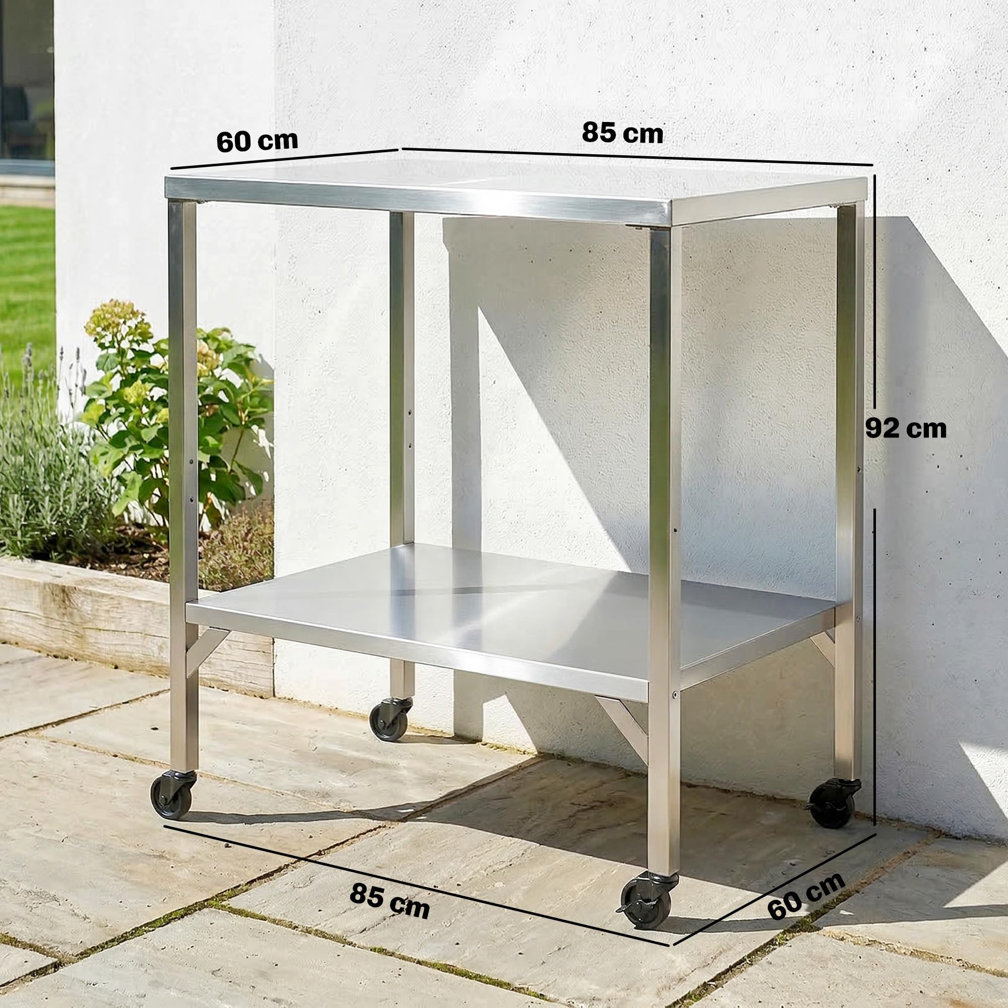 Outsunny Chariot de Barbecue en Acier Inoxydable - Table de Préparation Extérieur de 85x60cm avec Plan de Travail et roulettes - Desserte de Jardin Stable pour Four à Pizza et Grill, Argenté