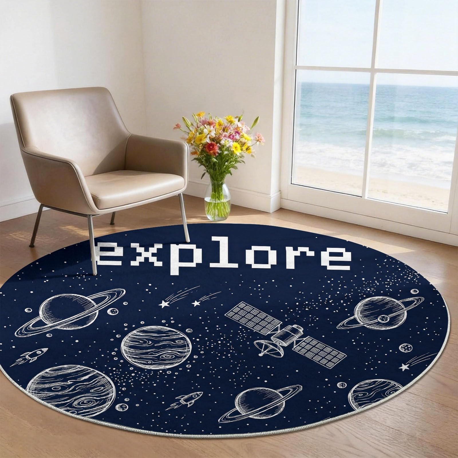 Space Modern - Alfombra redonda de 120 cm, lavable, diseño de galaxia cósmica, alfombra para habitación infantil, alfombra de juegos para bebés, niños y niñas, alfombra antideslizante suave, color