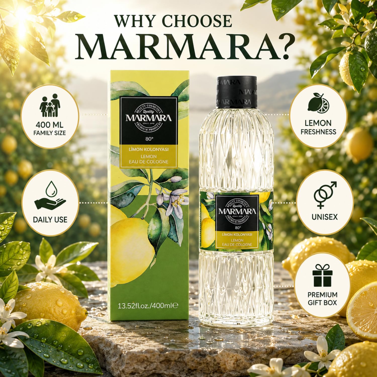 MARMARA Kolonya Cytryna 400 ml z Pudełkiem | Turecka Woda Zapachowa | Woda po Goleniu | Woda Kolońska | Tradycyjna Turecka | Woda Kolońska Cytrynowa | 80% Alkoholu