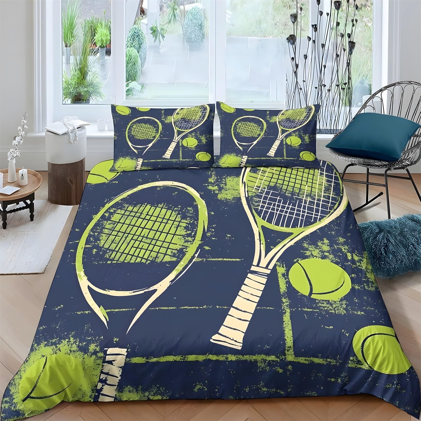 Housse de couette 220x240 microfibre bleu foncé imprimé tennis avec zip invisible