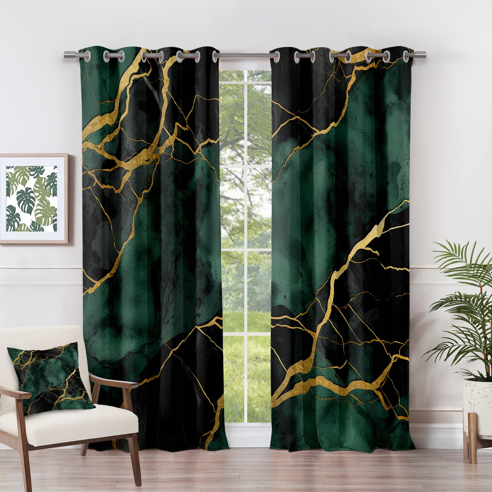 Marble Effect Curtains - Bedroom - Abstract Modern Luxury Blackout Curtains, 66 x 54 Inch (Width x Drop), 2 Panels, Emerald Green and Gold Eyelet