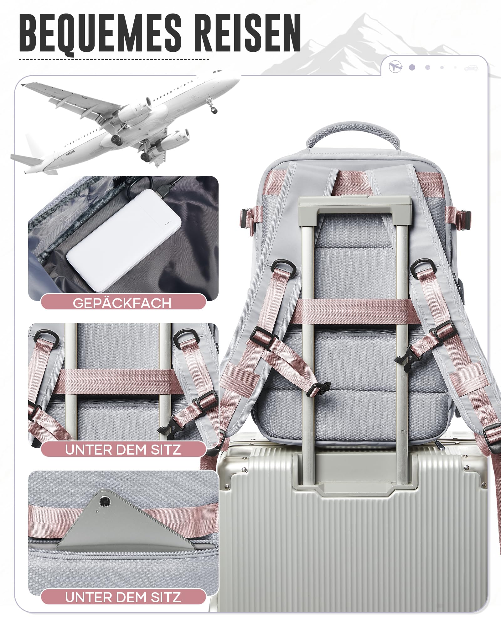 Vakuum Rucksack Handgepäck Flugzeug mit Schuhfach, Ryanair Reiserucksack Handgepäck mit Vakuumsystem, Rucksack Wasserdicht Laptop 14 Zoll für Damen Herren Airbag(Grau)