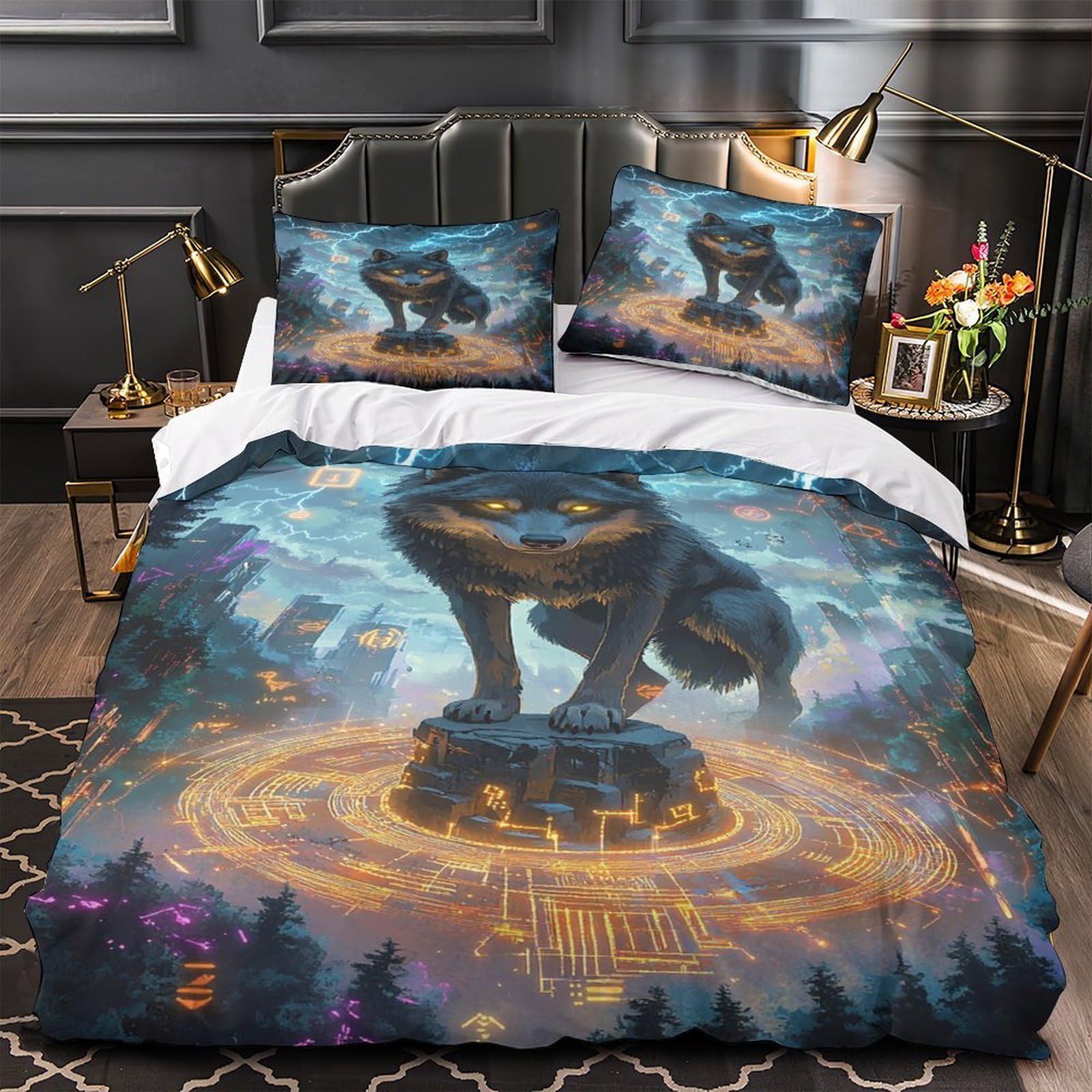 Housse de couette cybernétique loup pour décoration de chambre d'adolescent et fille