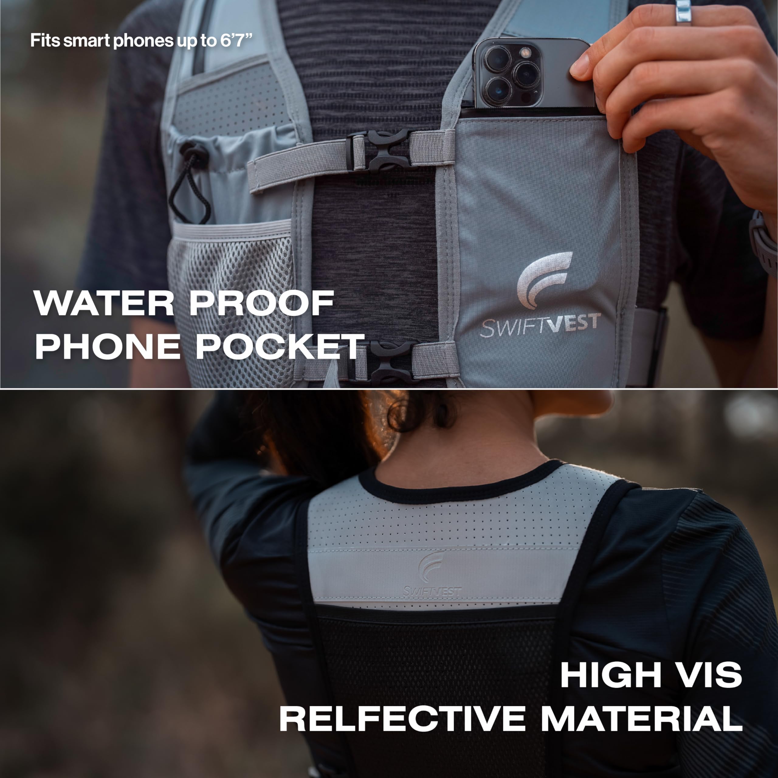 Gilet de Course à Pied pour téléphone | Gilet d'hydratation réfléchissant | Taille réglable | Porte-Bouteille d'eau | Léger | 6 Poches pour Accessoires (Gris, XXS)