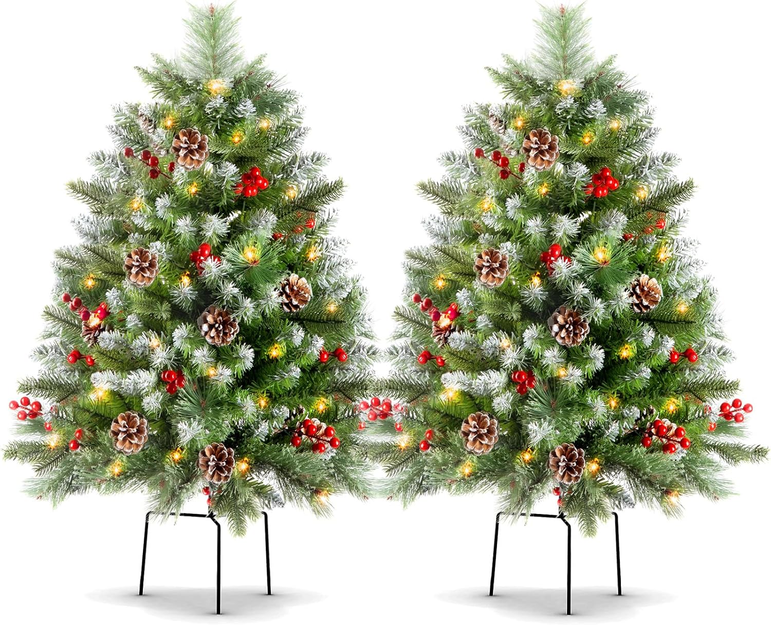 LAVEVE Prelit Small Christmas Tree 34", Frosted Urn Filler with Battery Operated 50 LED Lights, White Christmas Trees Outdoor for Porch and Pathway, 2 Pack 34-Inch Snow Christmas Tree