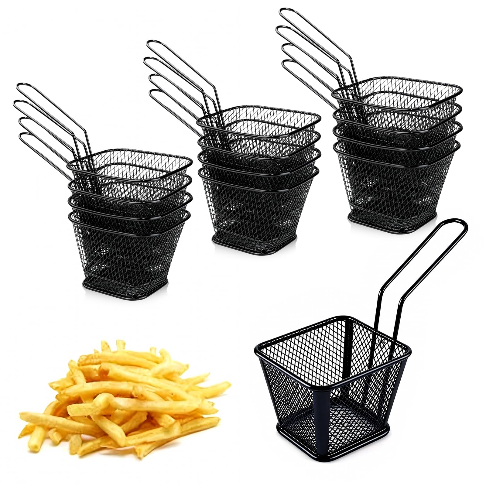 12 cestini per patatine fritte, piccole patatine, mini chips in acciaio inox, per patatine fritte, pollo arrosto, anelli di cipolla, gamberetti o cibi fritti (nero)