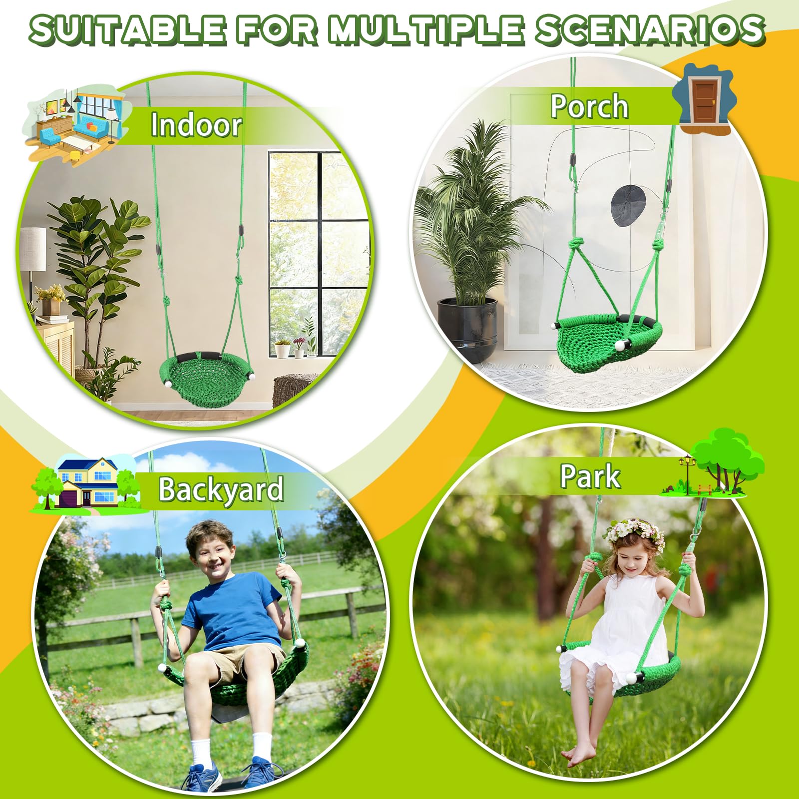 Columpio de punto a mano, asiento de cuerda verde de 74 a 112 pulgadas con broche de presión, cuerda de escalada profesional resistente en forma de U, respaldo de espuma antivuelco, juegos de