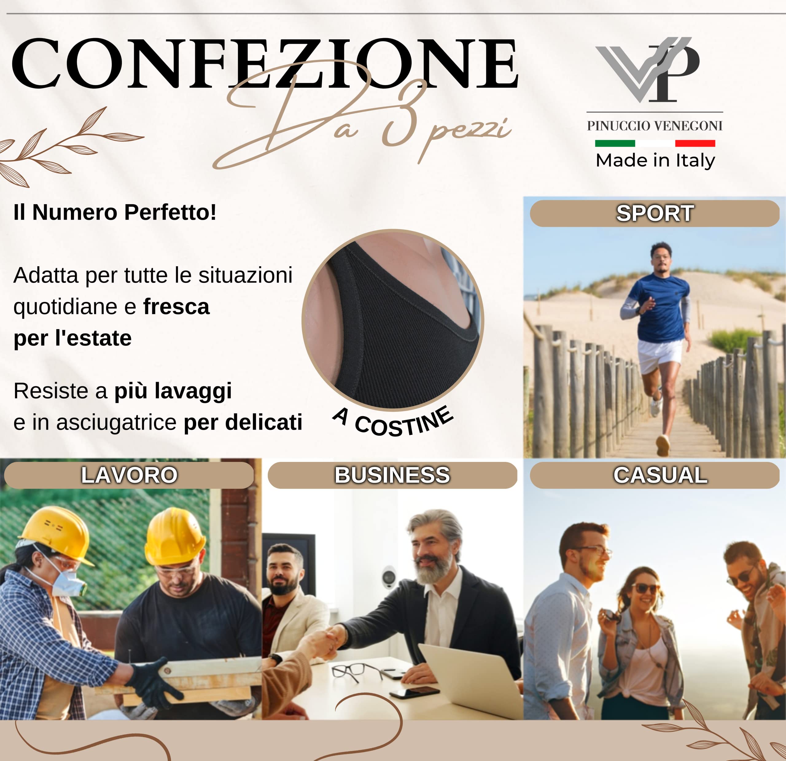 VP Pinuccio Venegoni Conjunto de 3 camisetas para hombre íntimo acanalado; fabricado en Italia, 100% algodón mercerizado; Camiseta de tirantes de hombro estrecho íntima blanca negra sin mangas;