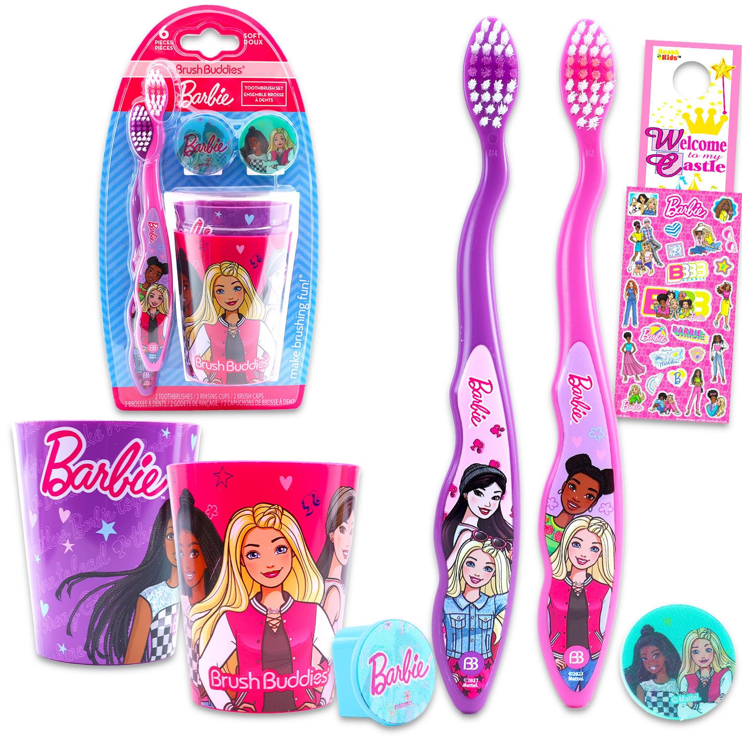 Barbie Spazzolino da denti e tazza per bambini, confezione da 6 pezzi con 2 spazzolini da denti, 2 tazze, adesivi, altro per ragazze e bambini piccoli | Set di spazzolini Barbie (gli stili possono