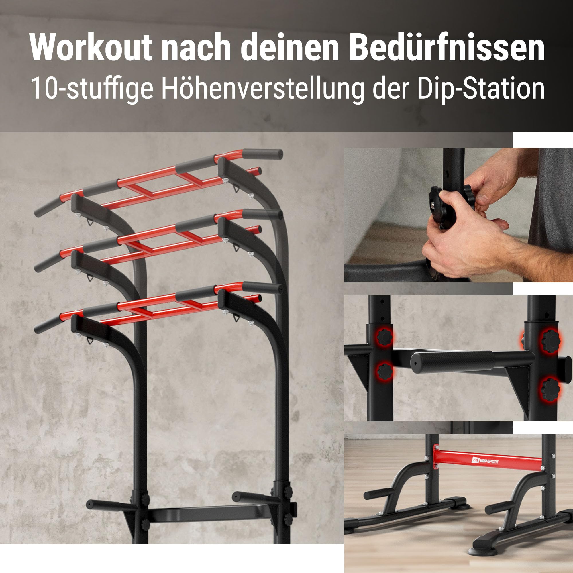 Hop-Sport Power Tower mit Multigriff Klimmzugstange, Dip-Stangen & Liegestützgriffe, Home Gym, Fitnessgerät für Zuhause, Calisthenics und Krafttraining, Freistehend, 150 kg Max. Belastbarkeit