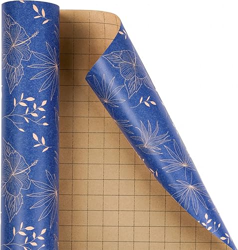Miniatura 8 de RUSPEPA Rollo de papel de regalo Kraft - Patrón de flores y plantas azules - 30 pulgadas x 100 pies
