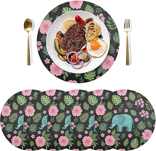Miniatura 3 de Playful Teal Elephants Round Table Placemats, Heat Resistant Non Slip Circle Washable Placemats for Kitchen one sizex4
