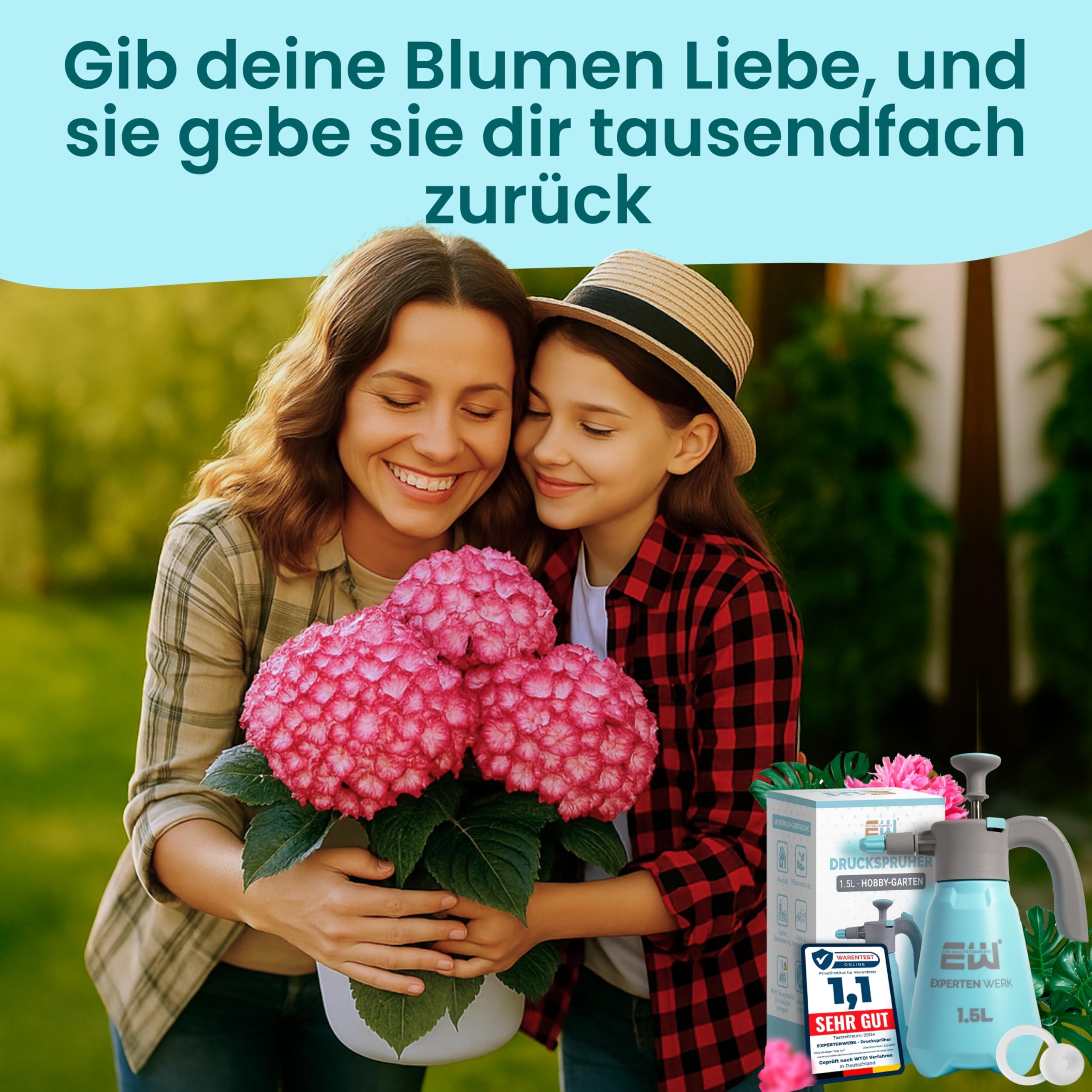 ExpertenWerk Drucksprüher 1,5L für Blumen Pflanzen Balkon & Zimmerpflanzen – Auslaufsichere Pumpsprühflasche Gartenspritze Pflanzensprüher mit Verstellbarer Düse, feinem Sprühnebel & Überdruckventil
