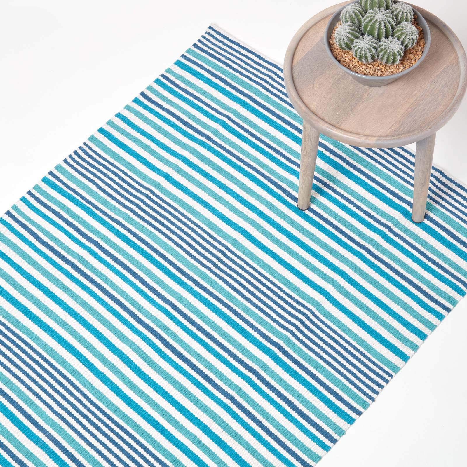 HOMESCAPESSmall Modern Striped Cotton Rug Blue, 60 cm x 100 cm (S), Contemporary Scandinavian Living Room & Bedroom Mats