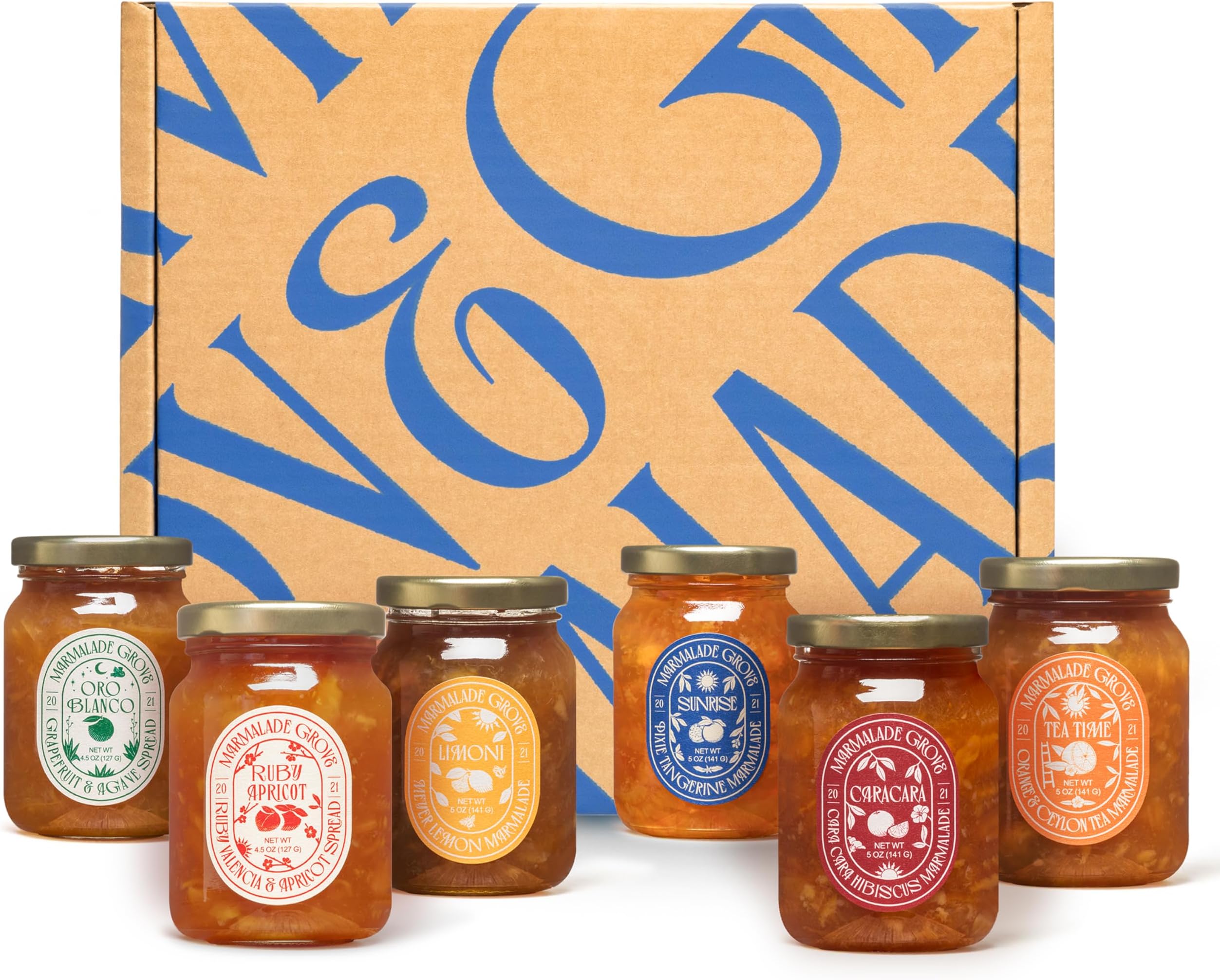 Marmalade Grove, “Party Of Six” Marmalade Gift Set, Handmade With Fresh Fruit, (Pixie Tangerine, Cara Cara Orange & Hibiscus, Meyer Lemon & Honey, Navel Orange & Ceylon Tea, Ruby Valencia Orange & Apricot, Oroblanco Grapefruit & Agave), 5 oz Jars (Pack Of 6)